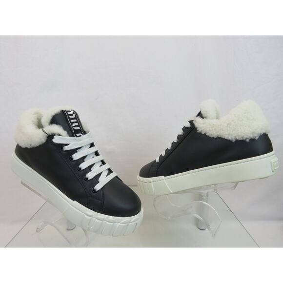 MIU MIU PRADA 5T380D BLACK LEATHER NATURAL WHITE FUR LOGO PLATFORM SNEAKERS 41 - Picture 5 of 13